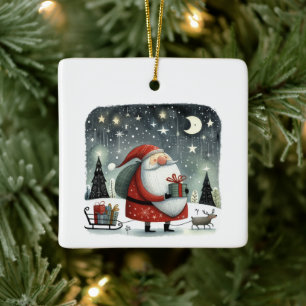 Ornamento De Cerâmica Ilustração Whimsical Papai Noel com presentes