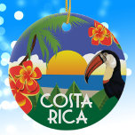 Ornamento De Cerâmica Ilustrações do estilo de vintage da Costa Rica<br><div class="desc">A ilustração da Costa Rica foi modelada a partir das posters no estilo da viagens vintage do passado. A imagem tropical de cor brilhante inclui um pôr do sol sobre o oceano, uma palmeira, flores de hibisco e um tucano. Faz excelente de uma viagem ou cruzeiro para a Costa Rica....</div>