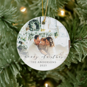 Ornamento De Cerâmica Imagem de Natal Merry Script Minimalista Elegante