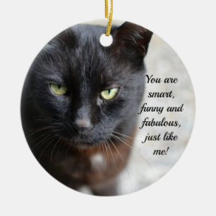 Ornamento De Cerâmica Imagem do Lover Gato Preto com Citação Motivativa