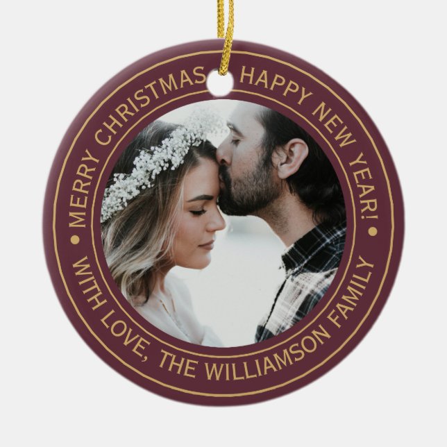 Ornamento De Cerâmica Imagem do Monograma de Natal Elegante Burgundy (Frente)
