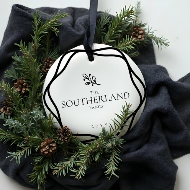 Ornamento De Cerâmica Imagem Mínima Elegante de Folhagem Foliar Preta e  (Elegant Minimal Leaf Foliage Black & White Photo Ceramic Ornament (Front))