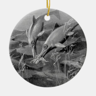 Ornamento De Cerâmica Imagem preto e branco do ichthyosaur retro do
