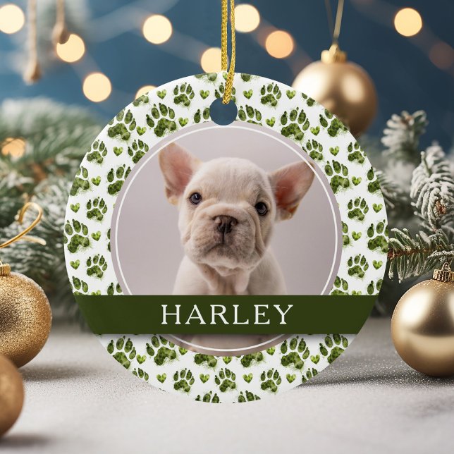 Ornamento De Cerâmica Impressão 2 Fotografia de Pet Paw Verde Personaliz (Criador carregado)