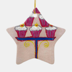 Ornamento De Cerâmica Impressão de Arte cupcake com Cereja e Fundo Rosa