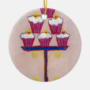 Ornamento De Cerâmica Impressão de Arte de Cupcake com Cereja e Fundo Ro