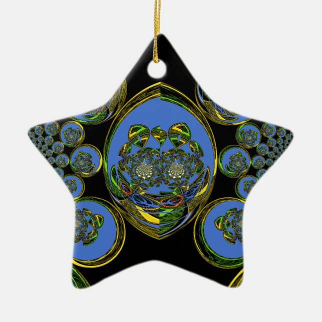 Ornamento De Cerâmica Impressão de Arte do Caleidoscópio Azul e Amarelo (Frente)