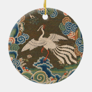 Ornamento De Cerâmica Impressão de bordado em seda de pássaro branco chi