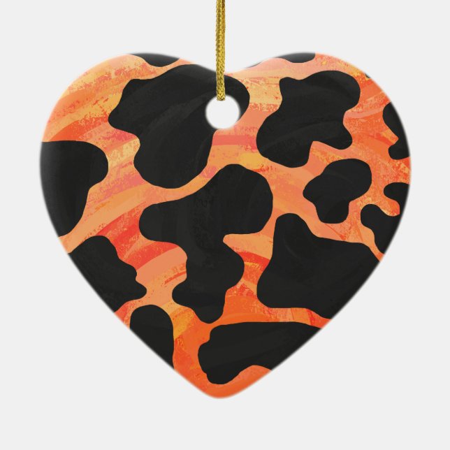 Ornamento De Cerâmica Impressão de Vaca Preta e Laranja (Verso)