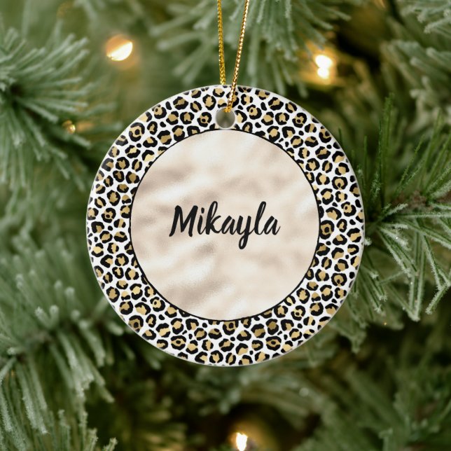 Ornamento De Cerâmica Impressão Dourada de Leopardo Preto Glam Seja Boni (Árvore)