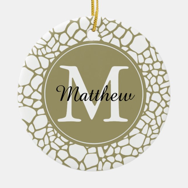 Ornamento De Cerâmica Impressão Dourada Monograma de Girafa Branca  (Frente)