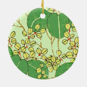 Ornamento De Cerâmica Impressão em xilogravura de folha verde botânica j