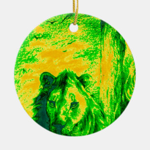 Ornamento De Cerâmica Impressão Fluorescente de Arte Lion de Visão Notur