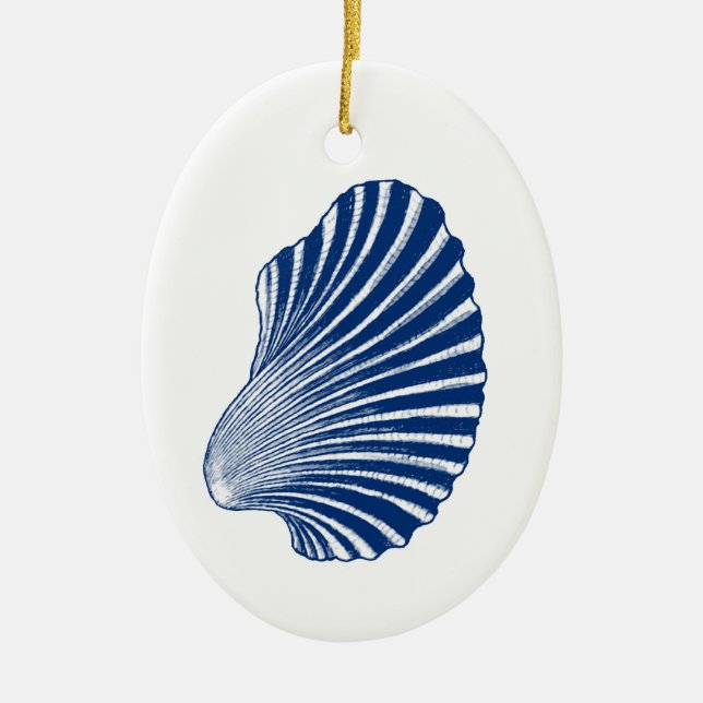 Ornamento De Cerâmica Impressão, Indigo e Branco da Shell Scallop (Frente)