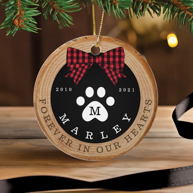 Ornamento De Cerâmica Impressão Memorial de Pet Fotografia Pet Fotografi (Red Bow Paw Print Memorial Pet Photo Wood Slice Ceramic Ornament)