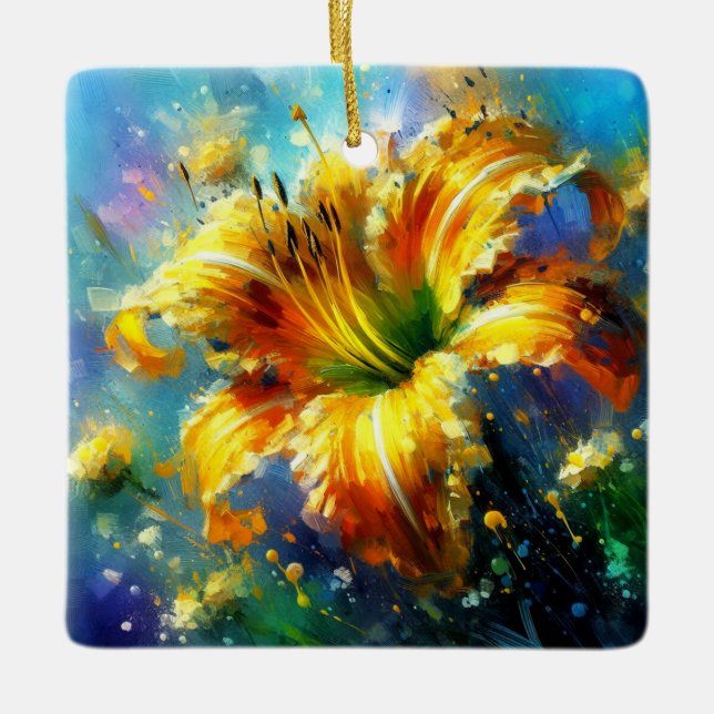 Ornamento De Cerâmica Impressionista Floral Daylily Amarelo (Frente)