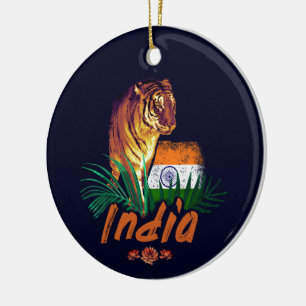 Ornamento De Cerâmica Índia Tigre Vintage Com Bandeira Souvenir Lótus Re