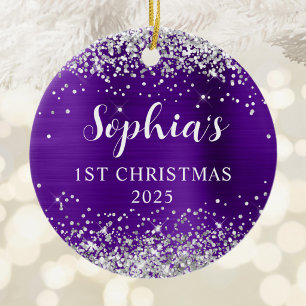 Ornamento De Cerâmica Índigo Roxo Prata Brilho 1º Natal Foto
