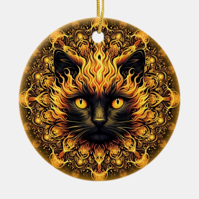 Ornamento De Cerâmica Inferno Gatinho Mandala (Frente)