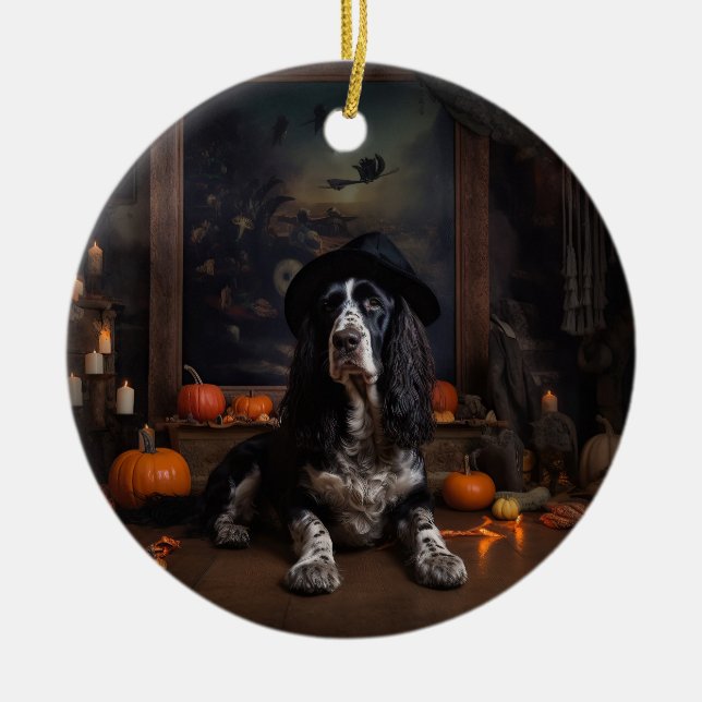 Ornamento De Cerâmica Inglês Cocker Spaniel Pumpkins Halloween Assustado (Frente)