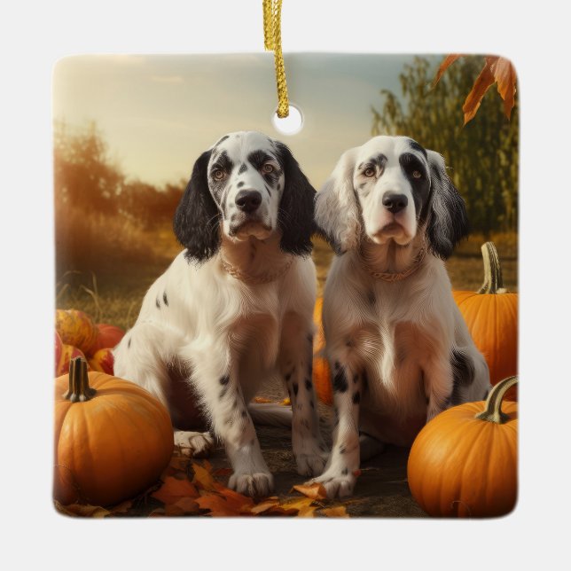 Ornamento De Cerâmica Inglês Setter Puppy Autumn Delight Pumpkin (Frente)