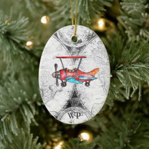 Ornamento De Cerâmica Iniciais Personalizados, Mapa de Vintage, Avião R