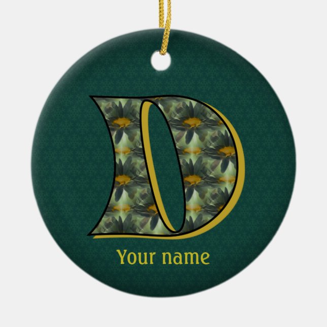 Ornamento De Cerâmica Inicial de Monograma D Margaridas Arte de Flor Per (Frente)