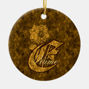 Ornamento De Cerâmica Inicial de Monograma E Elegante Peônia Dourada Per