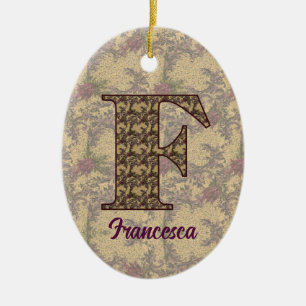 Ornamento De Cerâmica Inicial de Monograma F Floral Vintage Personalizad