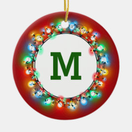 Ornamento De Cerâmica Inicial do monograma em luzes do feriado com ano
