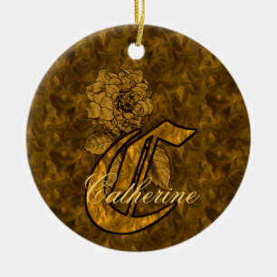 Ornamento De Cerâmica Inicial Monograma C Elegante Peônia Dourada Person