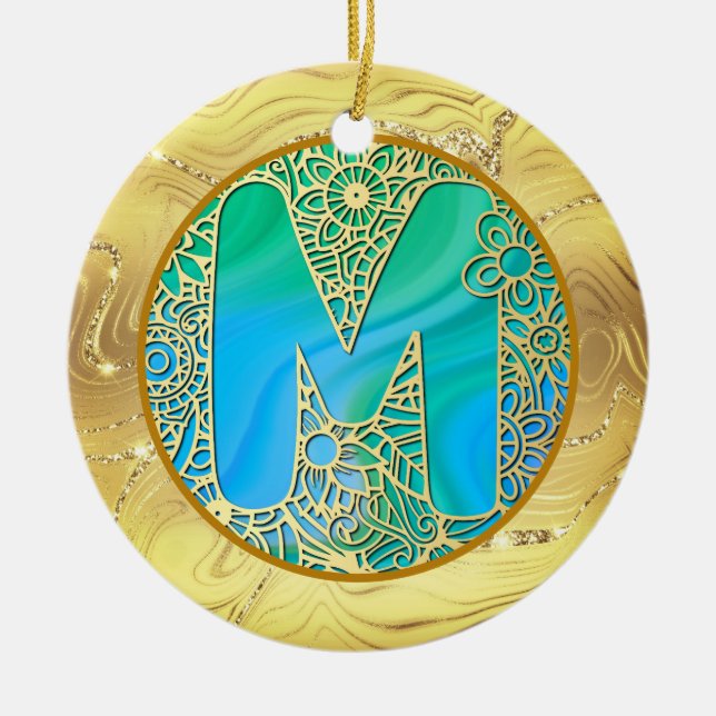 Ornamento De Cerâmica  Initial Monogram M Christmas - Gold, Teal & Blue (Frente)