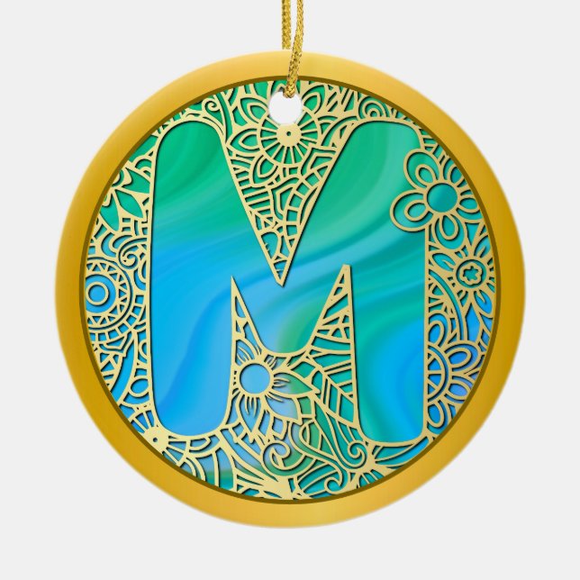 Ornamento De Cerâmica  Initial Monogram M Christmas - Gold, Teal & Blue (Frente)