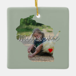 Ornamento De Cerâmica Inserção da Foto do Estado de Wisconsin e nome da 