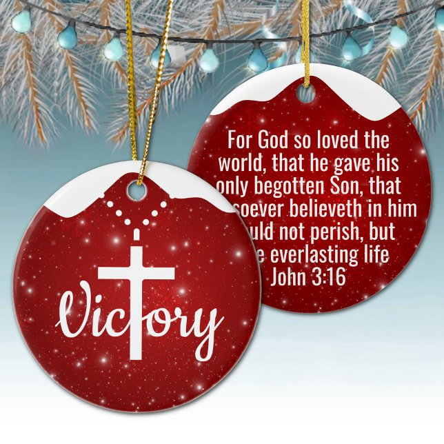 Ornamento De Cerâmica Inspirational Victory Cross Christian Decor  ⛪️ 🎄 (Customizable inspirational victory cross christian decor. Custom berry red Christmas ornament. 🎄✝)