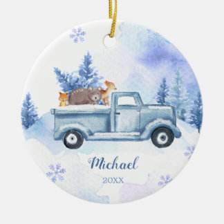Ornamento De Cerâmica Inverno Animal Truck Blue Snowflakes Mountain