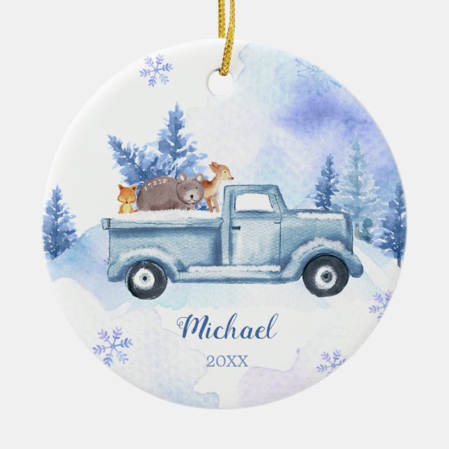 Ornamento De Cerâmica Inverno Animal Truck Blue Snowflakes Mountain (Frente)