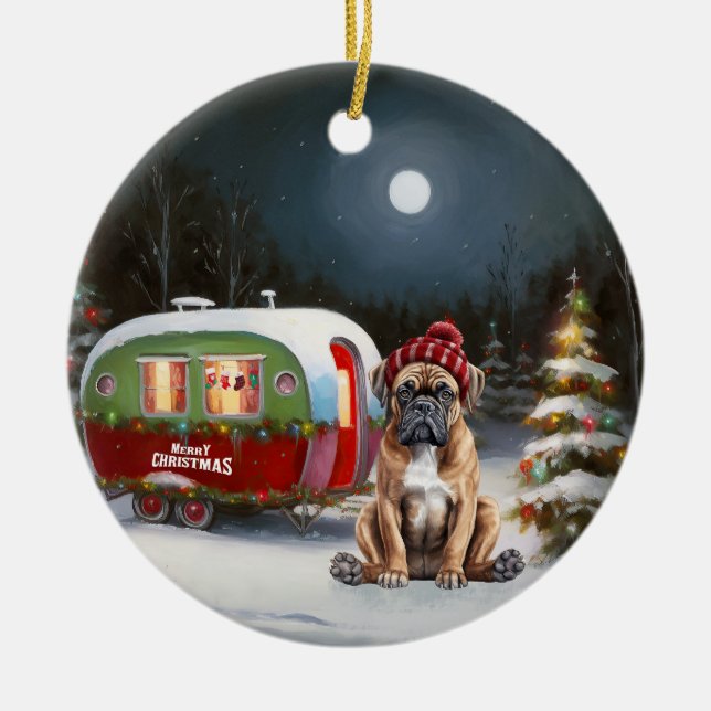 Ornamento De Cerâmica Inverno Boxer Caravan Aventura de Natal (Frente)
