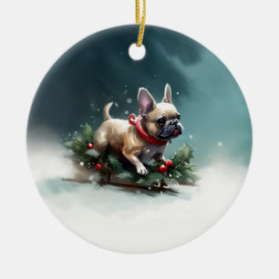 Ornamento De Cerâmica Inverno de Natal do Buldogue Francês