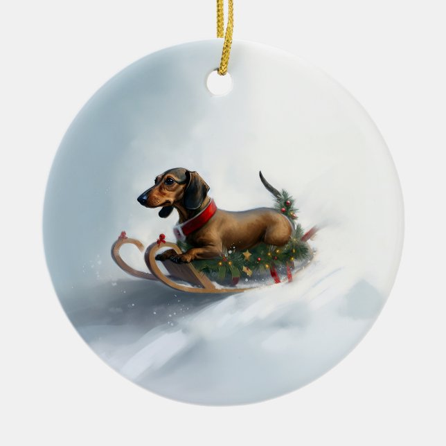 Ornamento De Cerâmica Inverno de neve de Natal Dachshund (Frente)