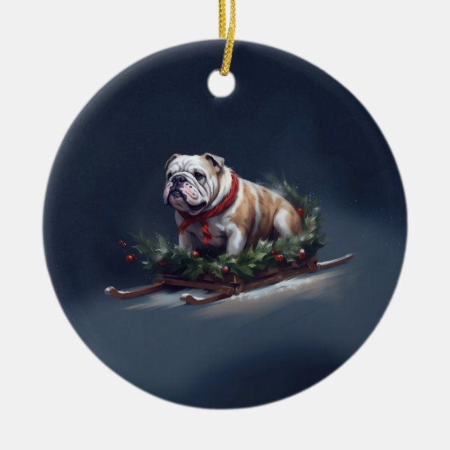 Ornamento De Cerâmica Inverno de neve de Natal para Buldog (Frente)