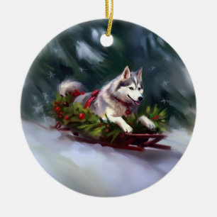 Ornamento De Cerâmica Inverno de neve de Natal Siberian Husky