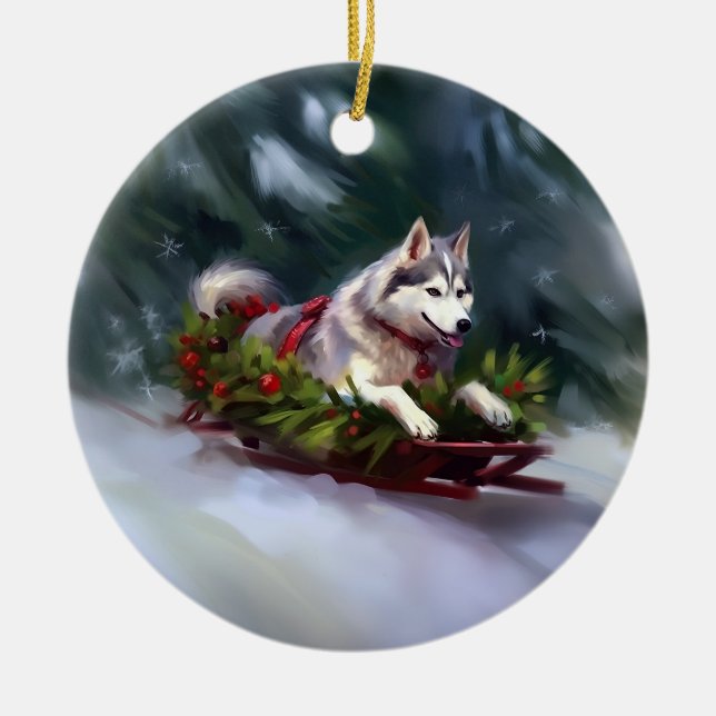 Ornamento De Cerâmica Inverno de neve de Natal Siberian Husky (Frente)