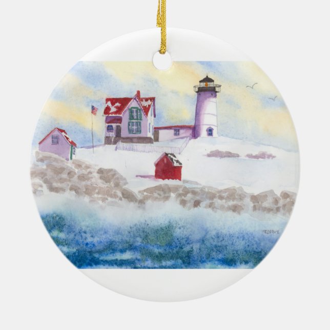 Ornamento De Cerâmica inverno em Nubble LIghthouse, Maine (Traseira)