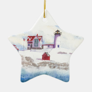 Ornamento De Cerâmica Inverno em Nubble LIghthouse Maine Star Ornament