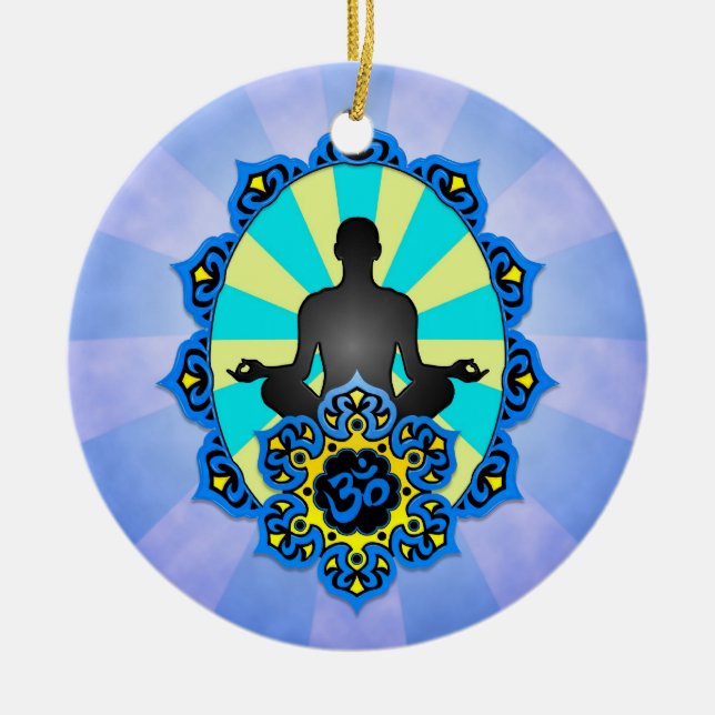 Ornamento De Cerâmica Ioga Aum da meditação, azul e amarelo (Frente)