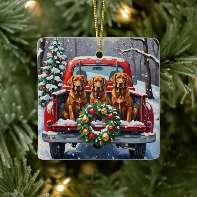 Ornamento De Cerâmica Irish Red Setter Christmas Red Truck Holiday (Árvore)