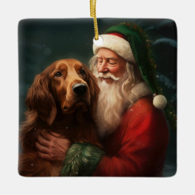 Ornamento De Cerâmica Irish Red Setter Papai Noel Natal Festivo (Frente)