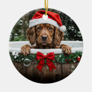 Ornamento De Cerâmica Irish Setter Fofo no Banho de Espuma de Natal