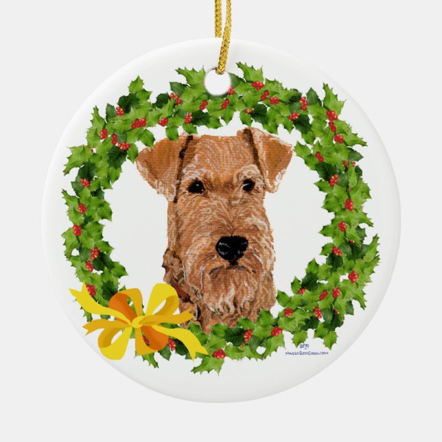 Ornamento De Cerâmica Irish Terrier Holly Wreath (Frente)
